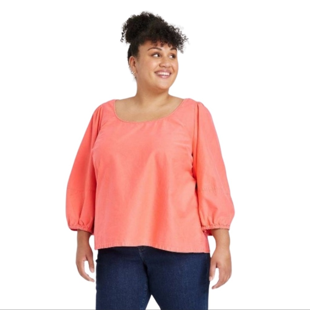 Ava & Viv™ Plus Size Balloon 3/4 Sleeve Blouse Coral NWT
